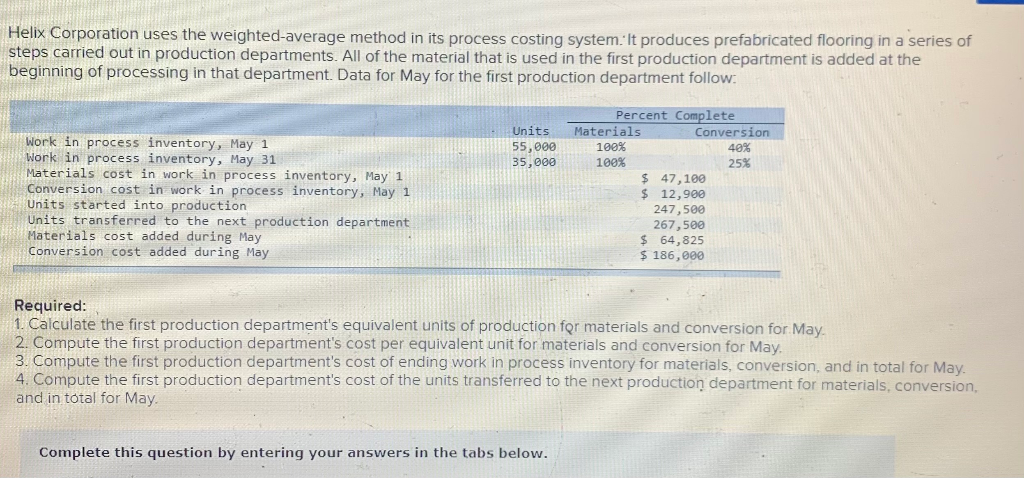 Helix Corporation uses the weighted-average method in its process costing system.
