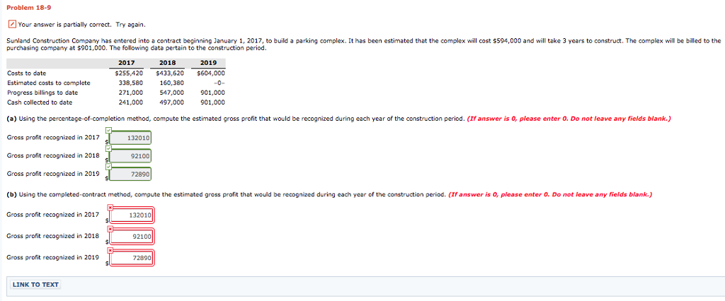  Problem 18-9 Your answer is partially correct. Try again. Sunland Construction