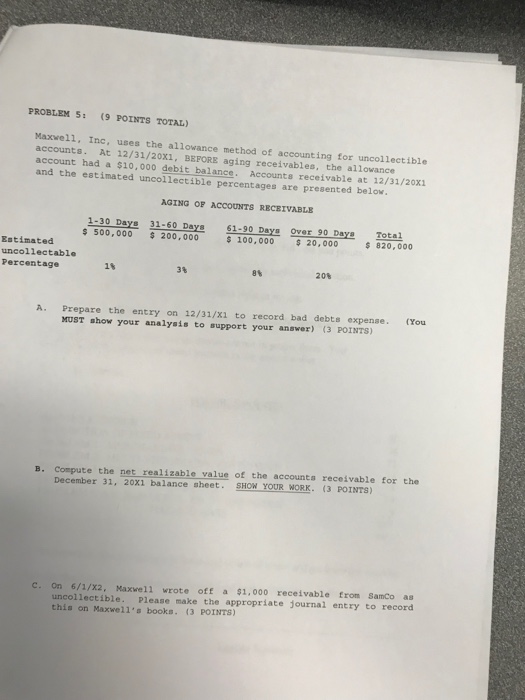  PROBLEM 5: (9 POINTS TOTAL) Maxxell, Inc, uses the allowance method