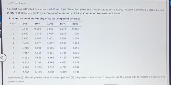 Net Present Value A project has estimated annual net cash flows