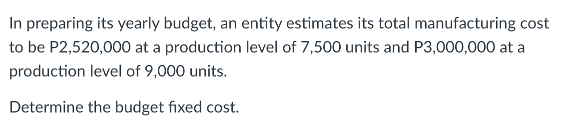  In preparing its yearly budget, an entity estimates its total manufacturing