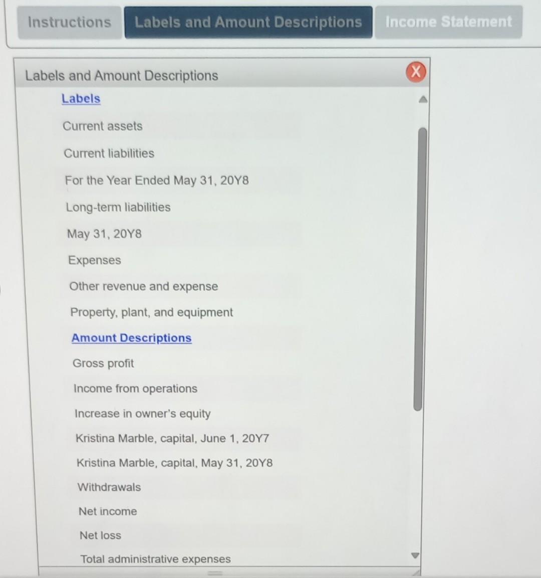 Labels and Amount Descriptions for the exact wording of text entries. Order