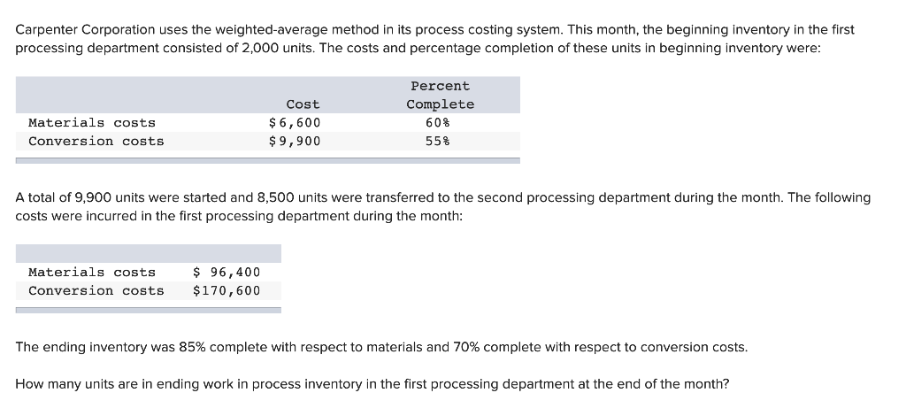 Carpenter Corporation uses the weighted average method in its process costing