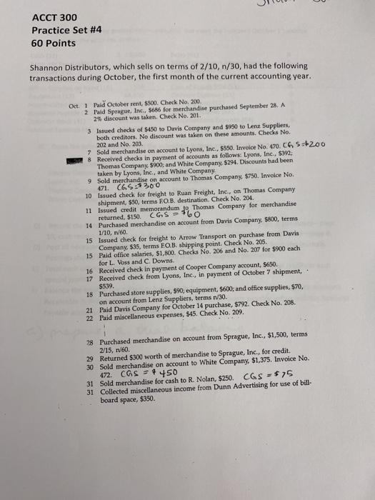  what is A-G? ACCT 300 Practice Set #4 60 Points Shannon