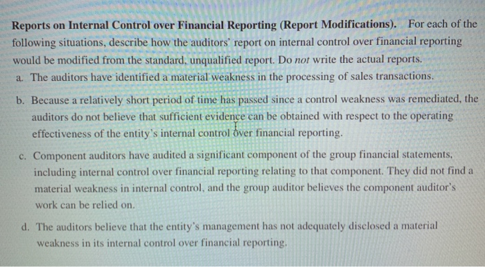  Reports on Internal Control over Financial Reporting (Report Modifications). For each