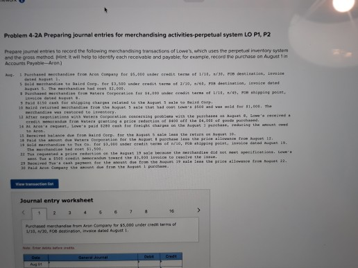  Problem 4-2A Preparing journal entries for merchandising activities perpetual system LO