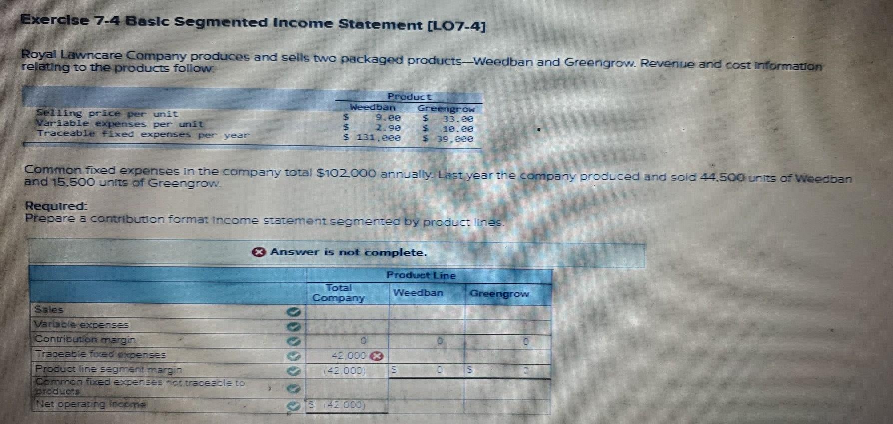  Exercise 7-4 Basic Segmented Income Statement (LO7-4] Royal Lawncare Company produces