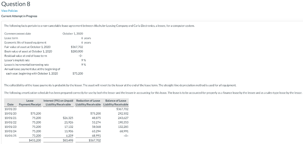 Question 8 View Policies Current Attempt in Progress The following facts