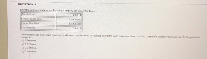  QUESTION 6 Selected year-end data for the Berkeley Company are presonted