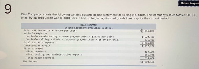  Return to ques 9 Diaz Company reports the following variable costing