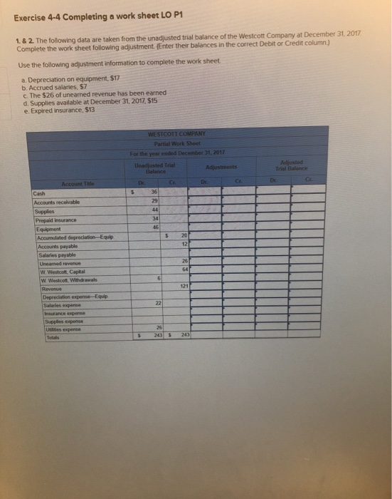  Exercise 4-4 Completing a work sheet LO P1 1. & 2.