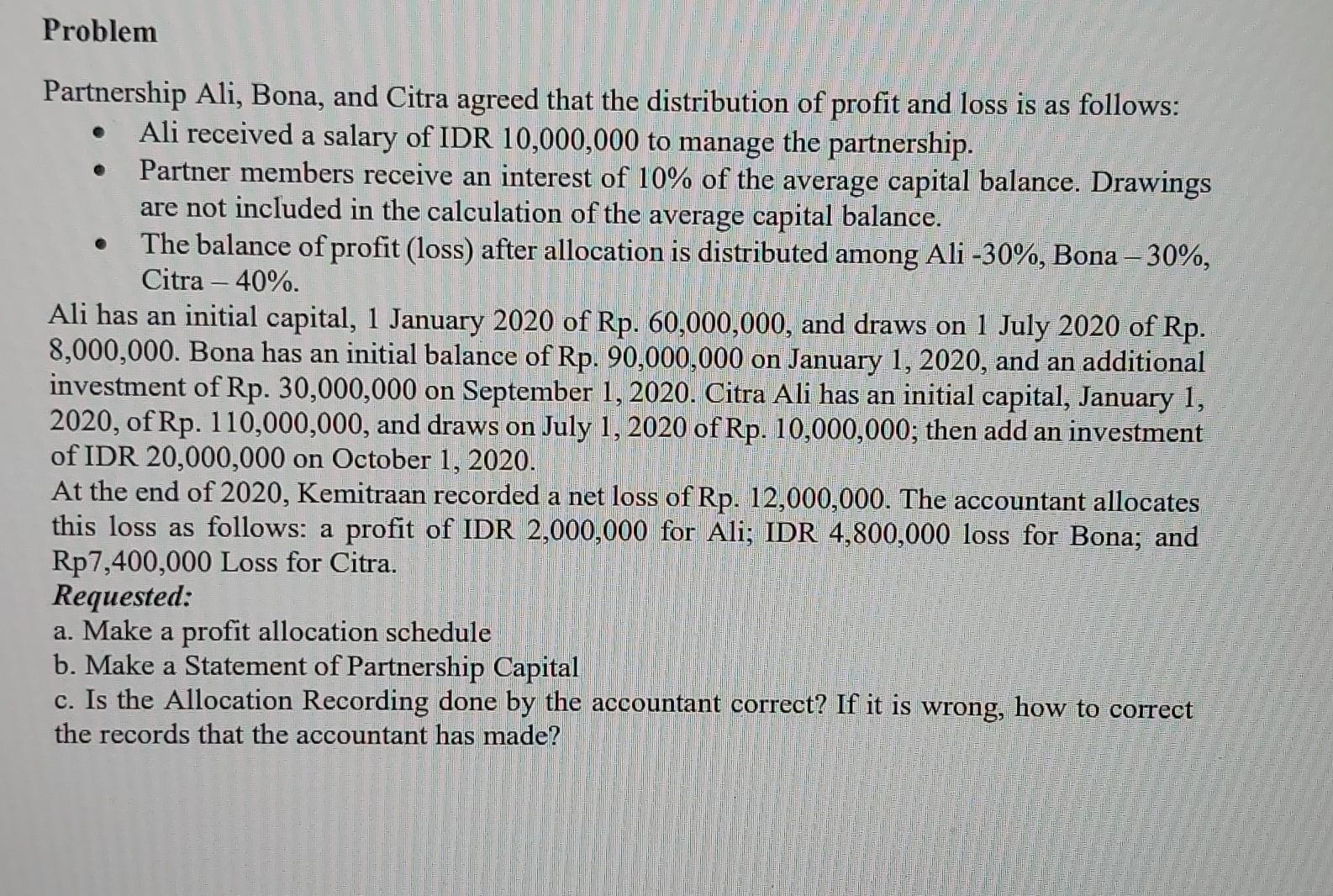 please help me answer question c Problem Partnership Ali, Bona, and