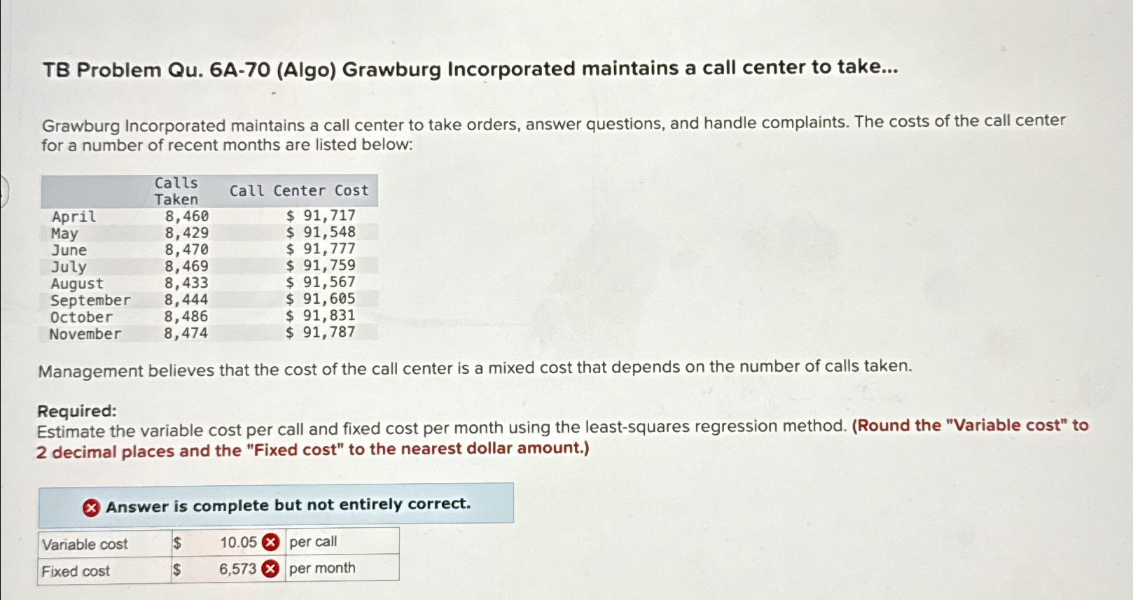  TB Problem Qu.6A-70(Algo) Grawburg Incorporated maintains a call center to take...