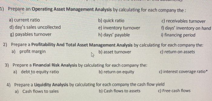  1) Prepare an Operating Asset Management Analysis by calculating for each