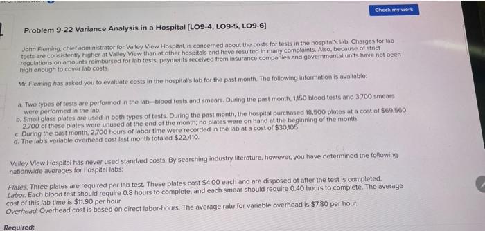  Check my work 1 Problem 9-22 Variance Analysis in a Hospital