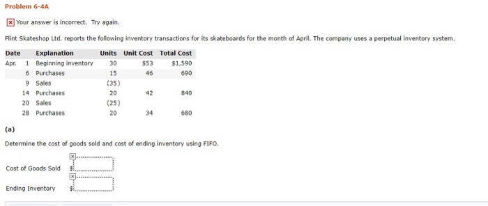  Problem 6-4A 3Your answer is incorrect. Try again. Flint Skateshop Ltd.