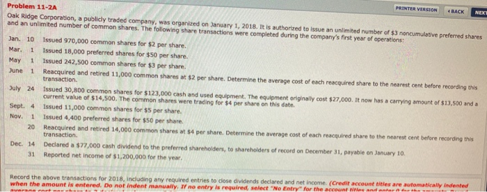  PRINTER VERSION BACK NECOI Problem 11-2A Oak Ridge Corporation, a publicly