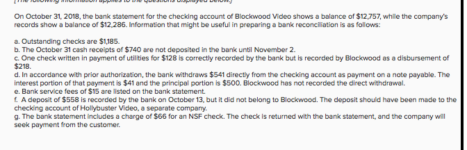  On October 31, 2018, the bank statement for the checking account