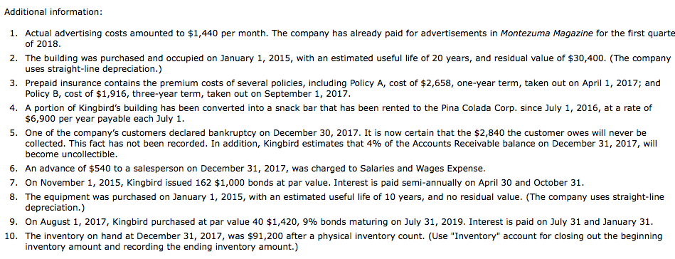 December 31, 2017, using the information given. Record the adjusting entry for