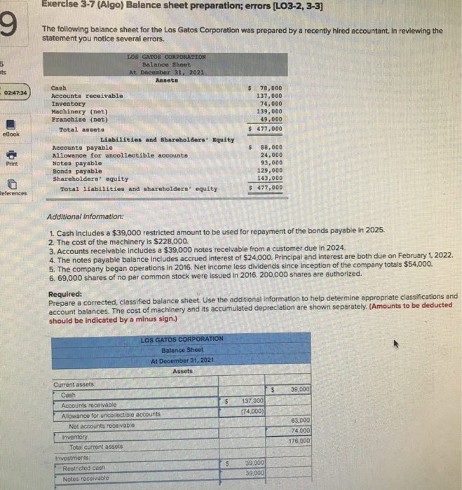  Exercise 3-7 (Algo) Balance sheet preparation; errors (L03-2, 3-3) The following