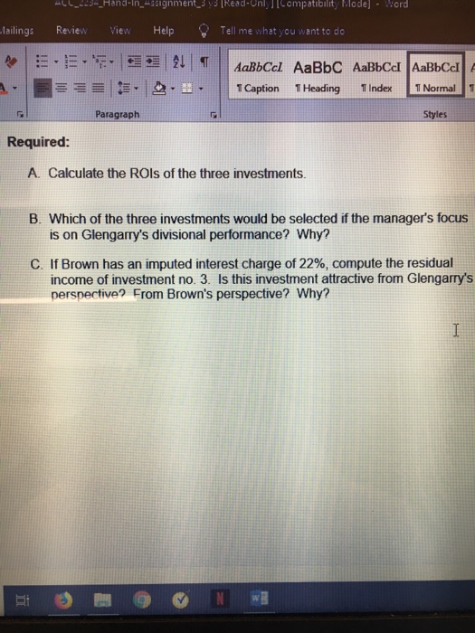 Retun on Investment (RQD) and Residual Income The following data pertain to