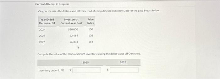  Current Attempt in Progress Vaughn, Inc. uses the dollar-value LIFO method
