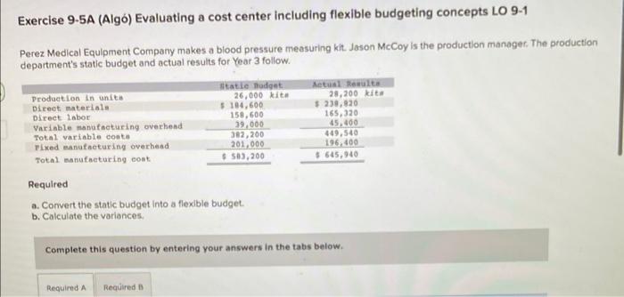  Exercise 9-5A (Alg) Evaluating a cost center including flexible budgeting concepts