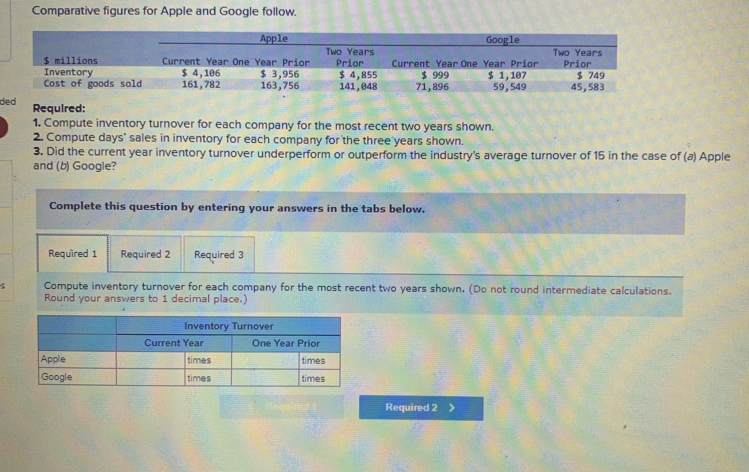  Comparative figures for Apple and Google follow. \table[[$ millions,Apple,Google],[Current Year,One Year