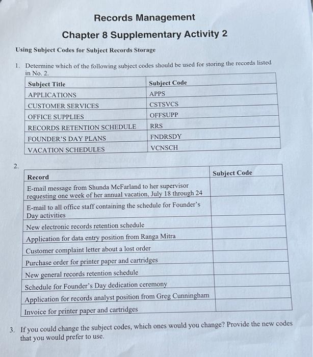  Chapter 8 Supplementary Activity 2 Using Subject Codes for Subject Records