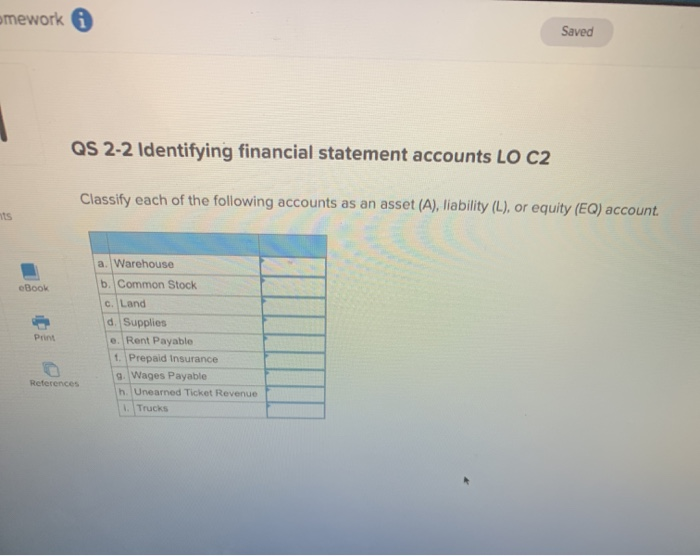  mework Saved QS 2-2 Identifying financial statement accounts LO C2 Classify