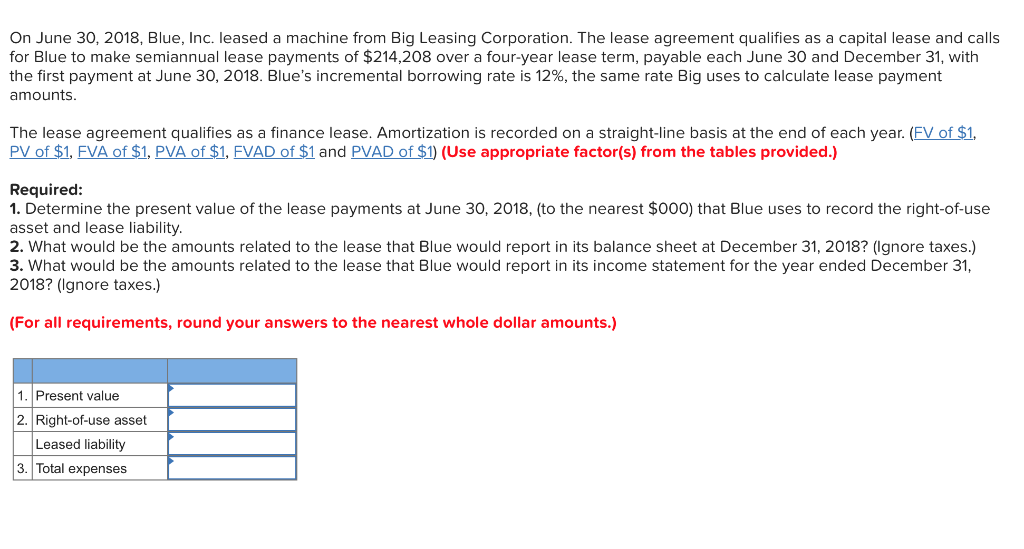 How to do this question? On June 30, 2018, Blue, Inc. leased