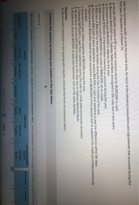  Use the horizontal model or write the journal entry, for each