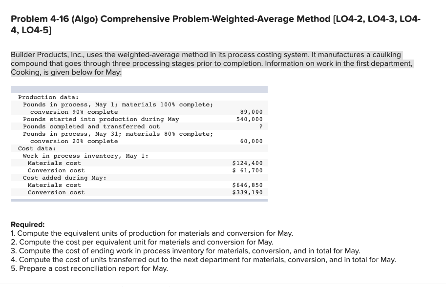  Problem 4-16 (Algo) Comprehensive Problem-Weighted-Average Method (L04-2, LO4-3, LO4- 4, LO4-5)