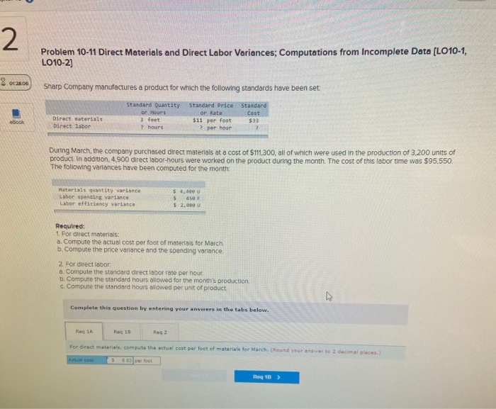  2 Problem 10-11 Direct Materials and Direct Labor Variances; Computations from
