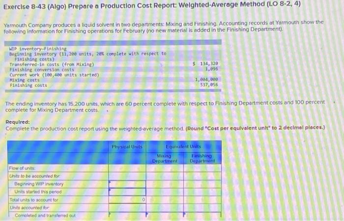  Exercise 8-43 (Algo) Prepare a Production Cost Report: Weighted-Average Method (LO