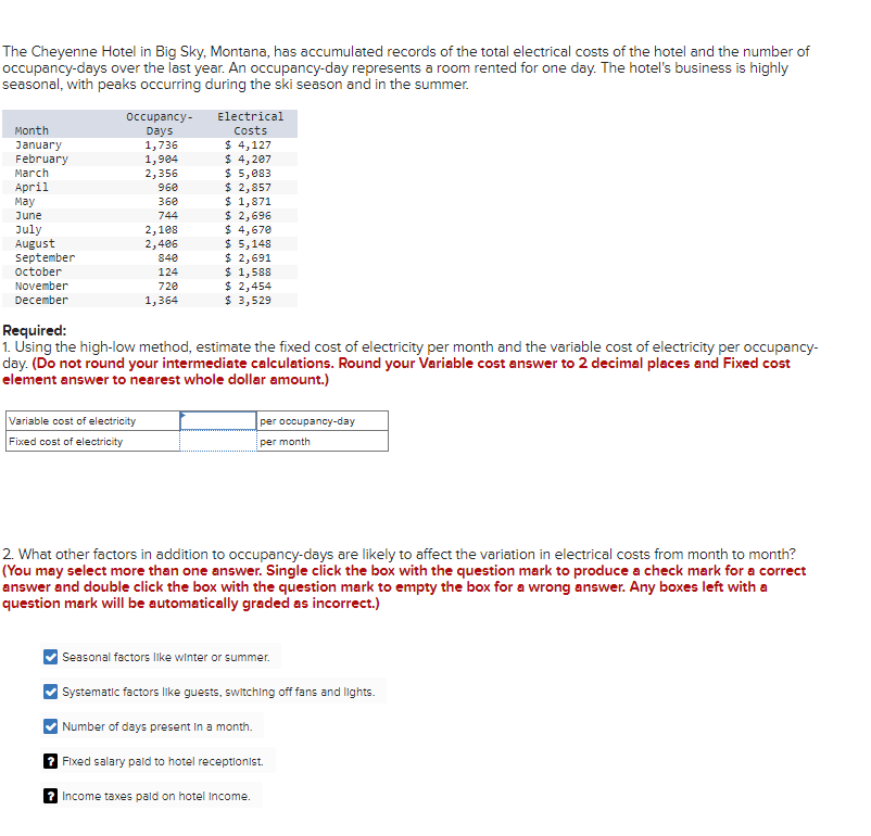 Exercise 5A-1 (Static) High-Low Method [LO5-10] The Cheyenne Hotel in Big Sky,