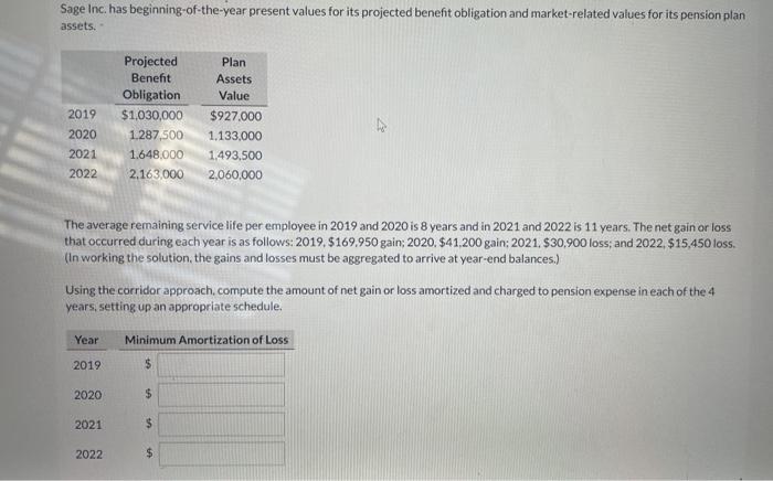  Sage Inc. has beginning-of-the-year present values for its projected benefit obligation