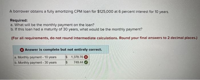  A borrower obtains a fully amortizing CPM loan for $125,000 at