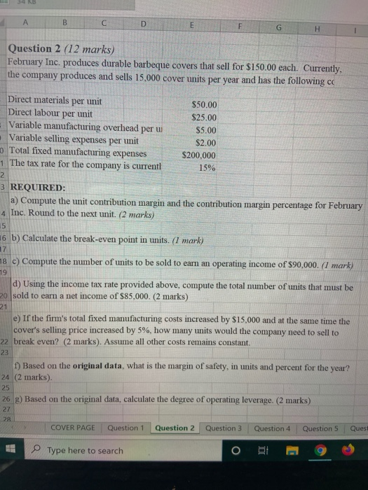  B D E F G H Question 2 (12 marks) February