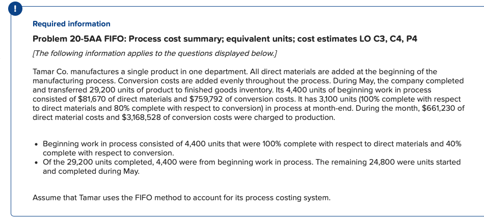 Need help with the following accounting problem Required information Problem 20-5AA FIFO: