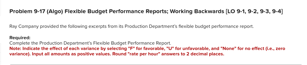  Problem 9-17 (Algo) Flexible Budget Performance Reports; Working Backwards [LO 9-1,