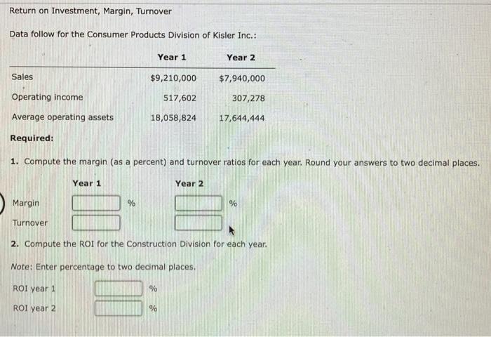Division of Kisler Inc.: Sales Operating income Average operating assets Required: Margin