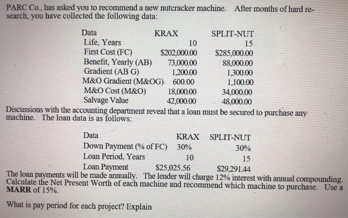  PARC Co., has asked you to recommend a new nutcracker machine.