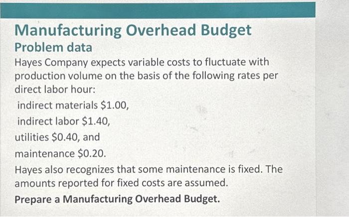  Manufacturing Overhead Budget Problem data Hayes Company expects variable costs to