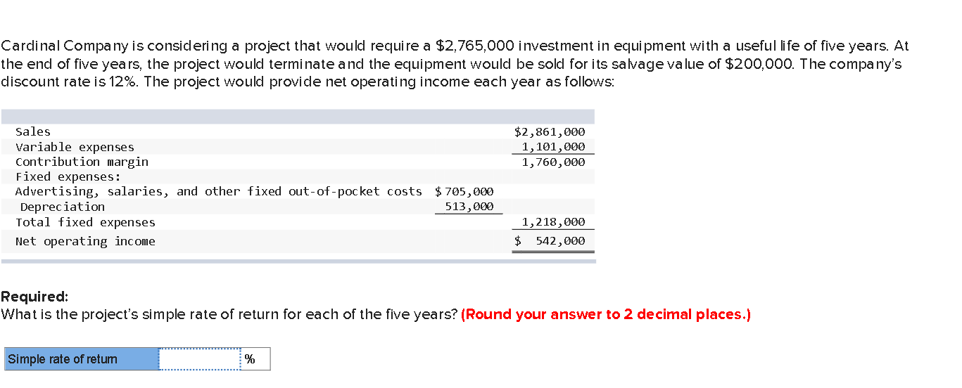 Cardinal Company is considering a project that would require a $2,765,000