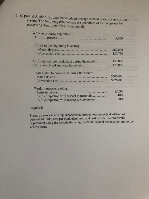  3. (9 points) Anchor Inc. uses the weighted-average method in its