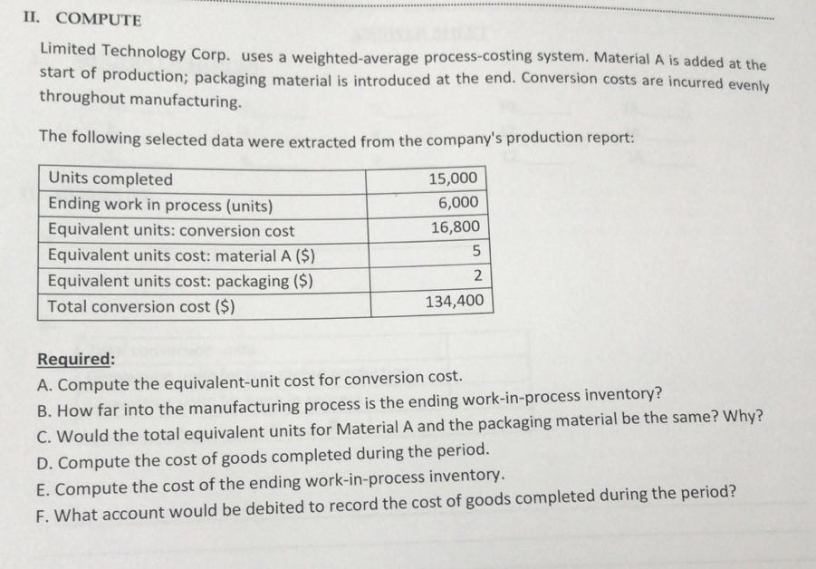  II. COMPUTE Limited Technology Corp. uses a weighted-average process-costing system. Material