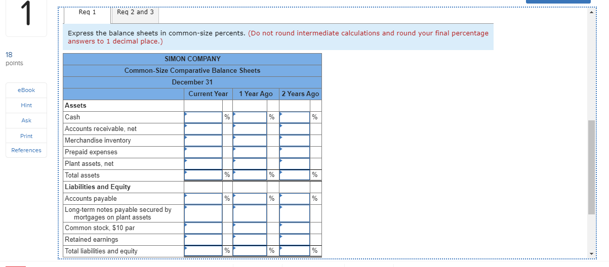 Check my work 1 Simon Company's year-end balance sheets follow. 1 Yr