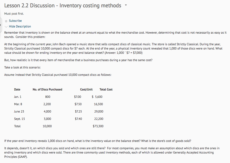  Lesson 2.2 Discussion - Inventory costing methods ' Must post first.