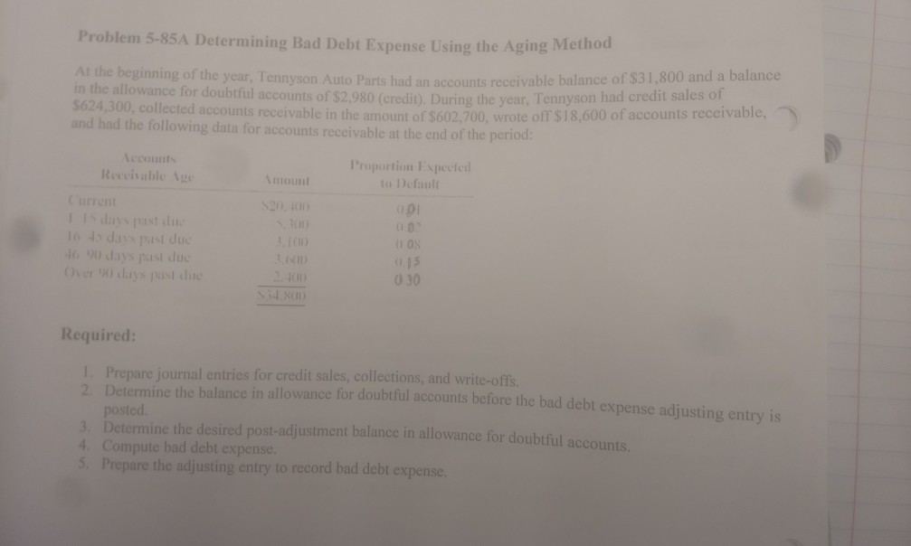  Problem 5-85A Determining Bad Debt Expense Using the Aging Method At